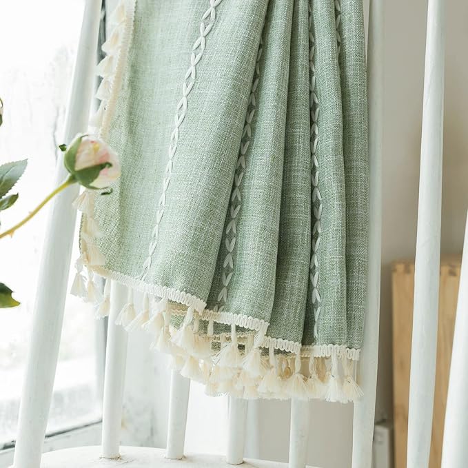 Deeprove Sage Green Boho Curtain Tassel Valance for Cafe Kitchen Closet Garden Decor, Bohemian Farmhouse Cream Cotton Linen Short Panel French Country Window Treatments Tier Panel, W52 x L18, 1 Piece