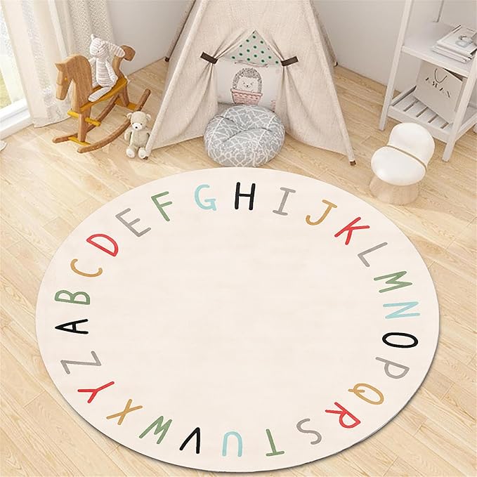 Children's Round Play Rug,6ft,ABC Letter Educational Rug, Soft and Fluffy Imitation Cashmere Rug, Non-Slip Washable Floor Mat for Children's Room, Suitable for Nursery, Classroom, Playroom