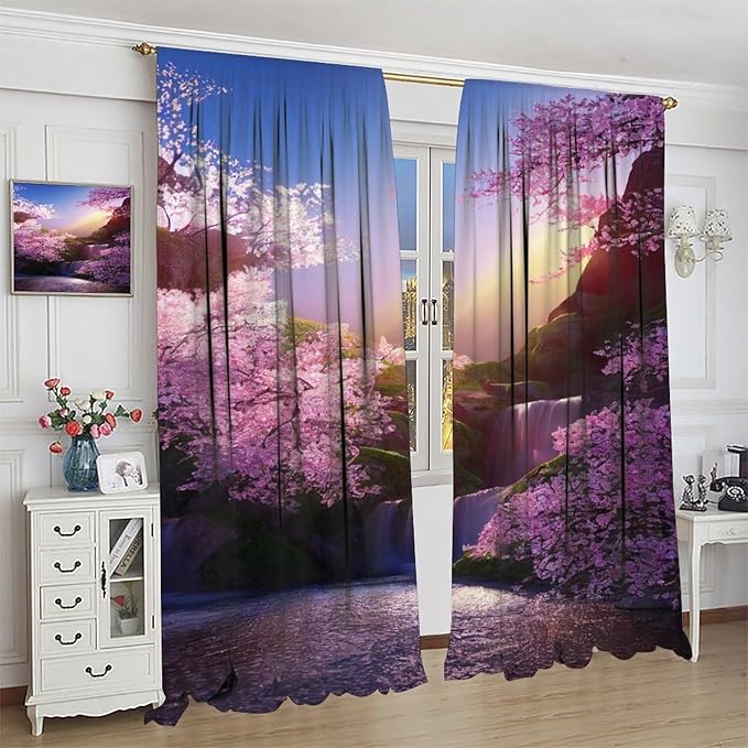 Landscape Waterfall Blackout Curtains, Watercolor Blossom Cherry Flower Forest Pattern Rod Pocket Window Drapes, for Bedroom Living Room 72" W X 63" L