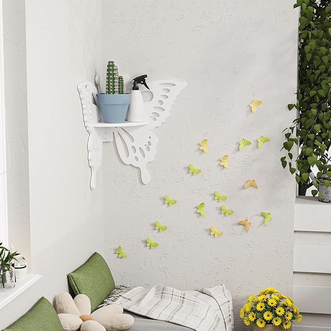 Butterfly Corner Shelf Nursery Wall Deor Floating Corner Shelf for Kid’s Room, Small Cute Decorative Shelf Wall Mounted, White Hanging Hollow Out Shelf for Toys, Plants and Decorations Storage, White