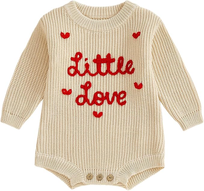 Lesimsam Newborn Baby Boy Girl Valentines Day Outfit Oversized Embroidery Long Sleeve Knit Sweater Bubble Romper Bodysuit