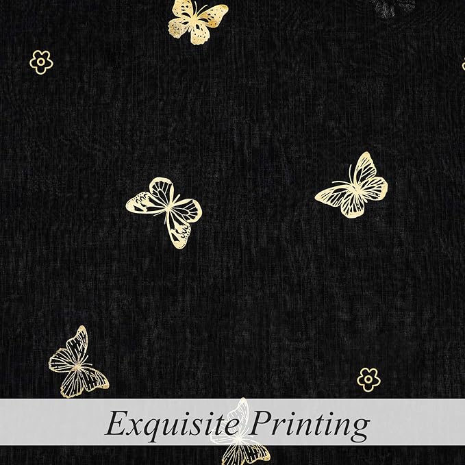 Jubilantex Black and Gold Butterfly Sheer Curtain Panels for Boys Girls Room, Linen Textured Metallic Print Patterned Voile Rod Pocket Curtain Drapes 95 Inch Long for Bedroom, 2 Panels