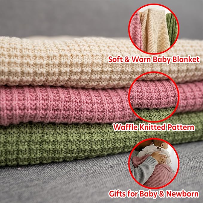 Baby Knit Blanket, 100% Cotton Waffle Patterns, Soft, Cozy, Lightweight Swaddle for Newborn & Infant Swaddling Beige Neutral, Perfect Baby Shower Ideas Rose Pink 30x40