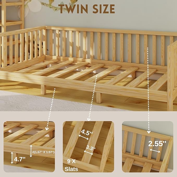 Montessori Floor Bed Designed with Open Front and Footed Model for Girls and Boys | Pine Wood Natural Solid Frame Bed with Slats | Sturdy Designed Floor Beds Frame for Kids (Twin, Height : 23 Inches)