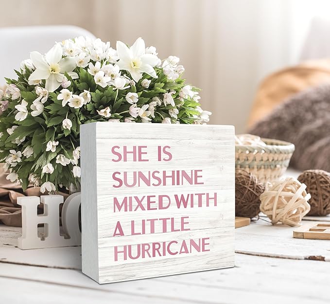 SRADMO She is Sunshine Mixed with a Little Hurricane Boho White Wood Box Sign Desk Decor, Baby Girls Inspirational Wooden Box Decor for Girls Room Nursery Playroom Shelf Table Decorative Accessories