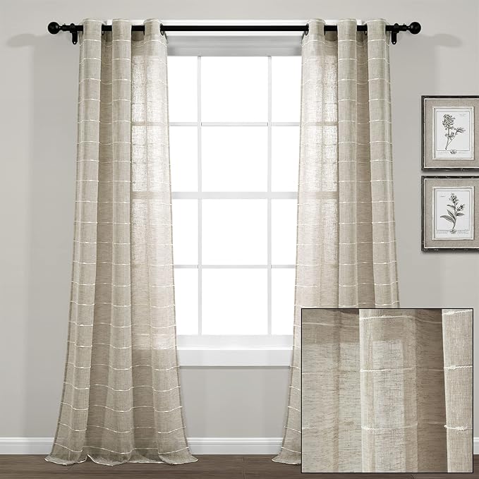 Lush Decor Farmhouse Textured Grommet Sheer Window Curtain Panel Pair, 38"W x 84"L, Neutral
