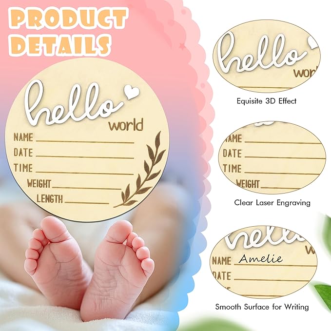 Birth Announcement Sign, Gender Reveal 2PCS Its a Girl and Hello World Baby Welcome Sign Wooden Name Newborn Announcement Board for Baby Shower Photo Props Hospital Nursery