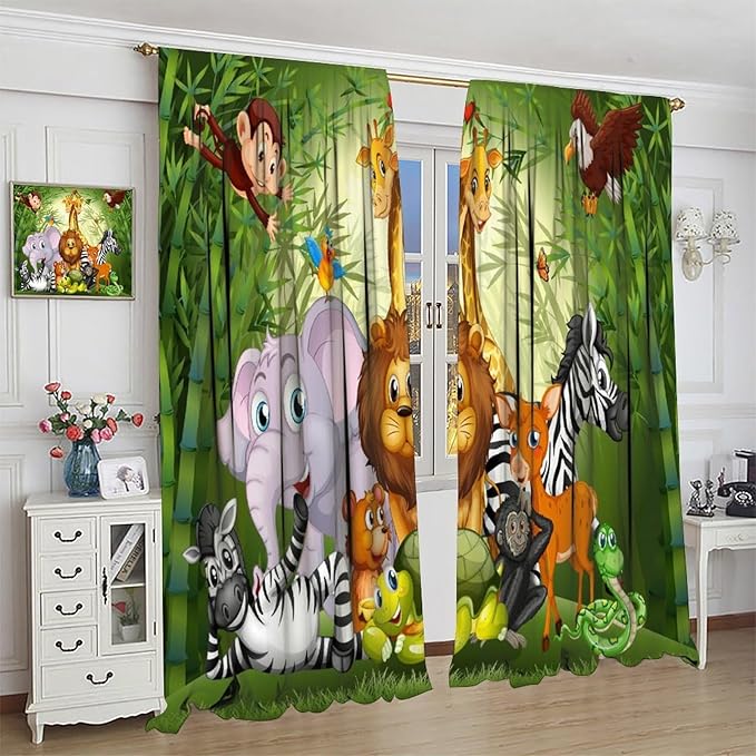 Cartoon Animal Curtains, Cute Animals Bamboo Forest Blackout Window Treatments, Rod Pocket Thermal Insulated Drapes 2 Panel Sets for Kids Room Nursery Classroom, 63" W X 72" L