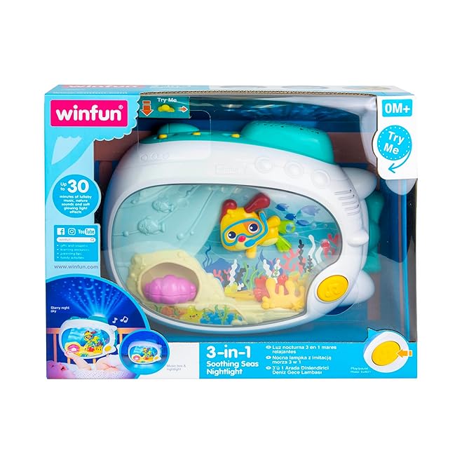 winfun 3-in-1 Soothing Seas Nightlight with Music Box Projector, and Soft Glowing Light - Calming Lullabies and Under-The-Sea Theme for Babies Attachable to Crib or Tabletop, Unisex Baby Gift