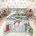 Castle Fairy Merry Christmas Comforter Set Queen Size,Watercolor Cute Snowman Pine Trees Bedding Set for Women Adult,Xmas Cartoon Decor Natural Luxury Bed Duvet Insert, 2 Pillowcases