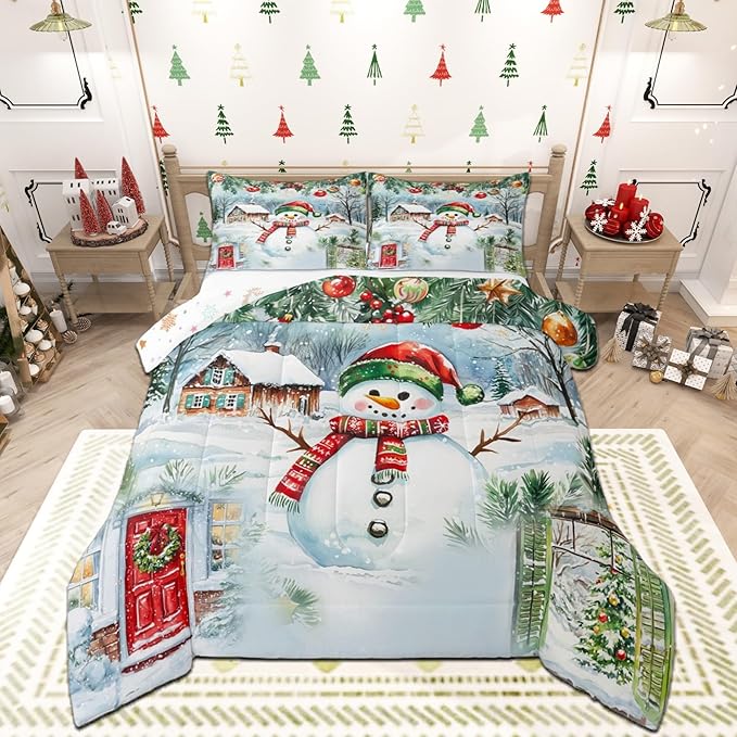 Castle Fairy Merry Christmas Comforter Set King Size,Watercolor Cute Snowman Pine Trees Bedding Set All Season Quilt Set,Xmas Cartoon Decor Natural Microfiber Polyester Down Comforter