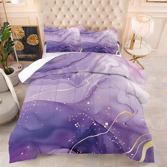 Purple Comforter Set Twin: Light Purple Marble Bedding Sets for Girls Teens Kids Aesthetic Gold Glitter Abstract Marbling Quilts Mauve Pastel Bed Set 2 Piece