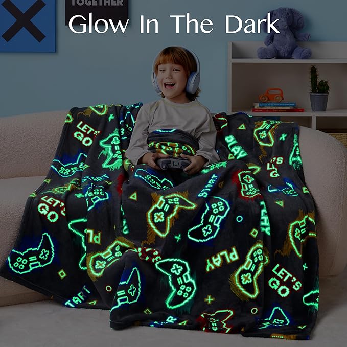 Joiedomi Glow in The Dark Gaming Blanket Gamer Gifts for Boys Age 2 3 4 5 6 7 8 9 10 11 12 Year Old, Soft Cozy Flannel Kids Throw Blanket, Birthday Bedroom Decor Grey 50"×60"
