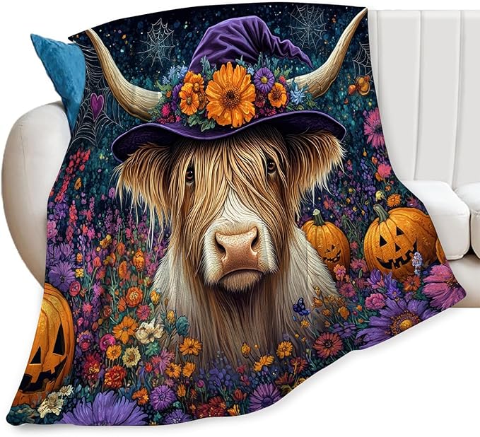 Tijuboni Highland Cow Pumpkin Throw Blanket for Girls Boys Women Men Kids Adults Soft Flannel Fleece Blanket for Couch Sofa Bed Home Decor 60"x80"