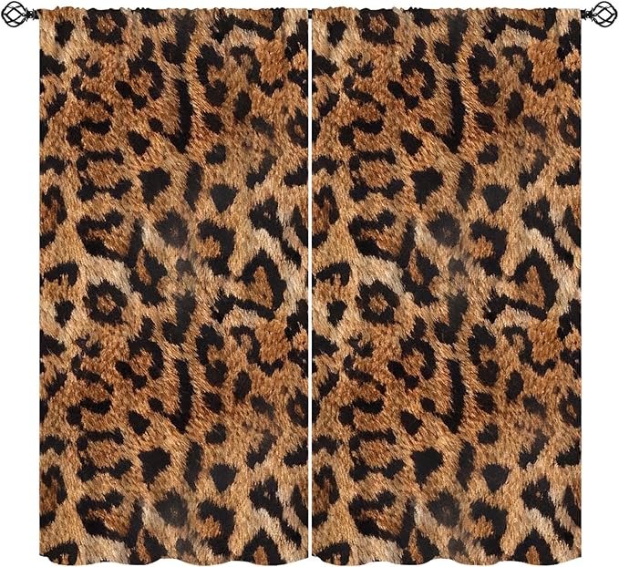 Leopard Print Window Curtains, Animal Fur Skin Brown Farmhouse Wild 3D Rustic Safari Theme Window Treatments for Kids Bedroom Living Room 42" W X 63" L
