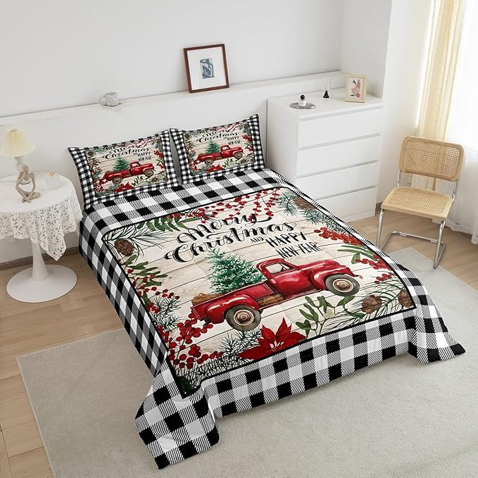 Manfei Red Truck Comforter Set Full Size, Christmas Theme New Year Quilt Set with 2 Pillowcases, Grey Plaid Print Bedding Set 3pcs for Kids Boys Girls Bedroom Decor