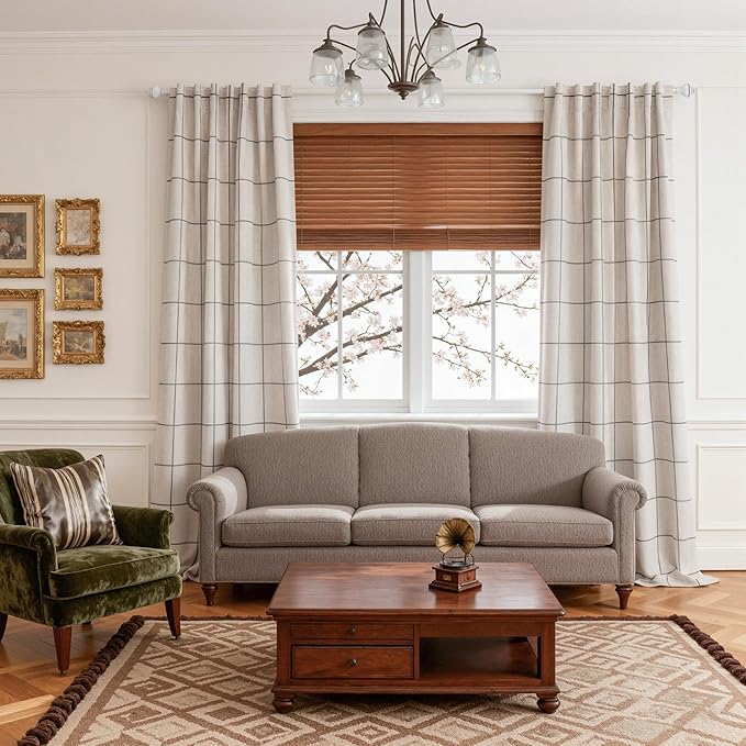 MYSKY HOME 100% Blackout Plaid Linen Farmhouse Curtains 95 Inches Long for Dining Room Double Layer Thermal Insulated Striped Print Drapes with Rod Pocket Back Tab, 2 Panels, Wide 52 Inch, Deep Grey