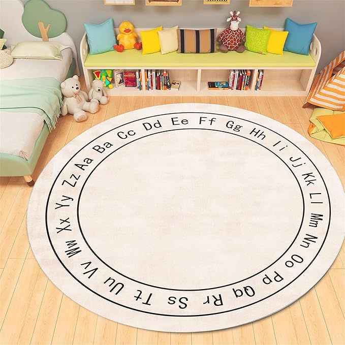 Children's Room Round Rug,5ft,Children's ABC Letter Educational Learning Round Rug, Non-Slip Washable Children's Room Play Rug, Suitable for Bedroom, Playroom, Boys and Girls Room Decoration