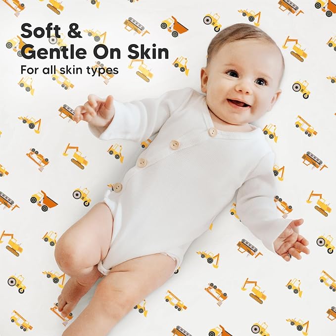 2-Pack Mini Crib Sheets Fitted - 38x26 Pack N Play Sheets for Pack and Play Mattress, Organic Cotton, Soft & Breathable Playard Bedding, Neutral Mini Toddler Bed Cover for Boys, Girls (Construction)