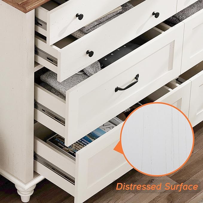 WAMPAT 2-in-1 Kids Dresser for Nursery with 16 Drawers, Off White Baby Dresser Set for Kids Room, Wide Wooden Chests & Dressers for Bedroom, Distressed Storage Organizer for Child’s Room, 54 Inch