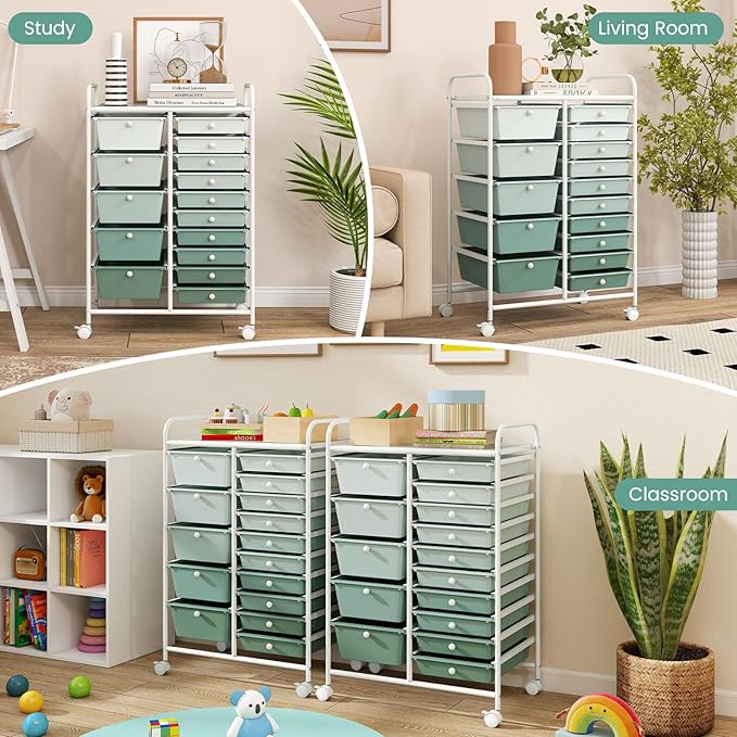 RELAX4LIFE 15-Drawer Storage Drawer Carts - Mobile Rolling Utility Cart w/Wheels, Craft Organizer for Classroom Organization and Storage, School, Office, Home, Storage Organizer Cart (Gradient Green)