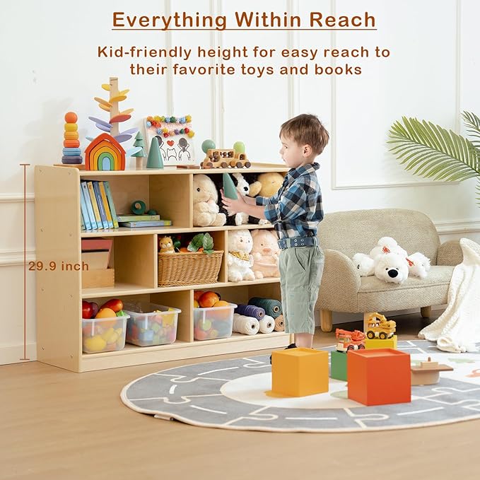Montessori Shelf 7-Section Toy Storage Shelf 30in Birch Wood Kids Bookshelf Classroom Storage Shelves Low Bookcase Book Shelf for Kids Room Nursery Playroom Daycare Preschool, Natural