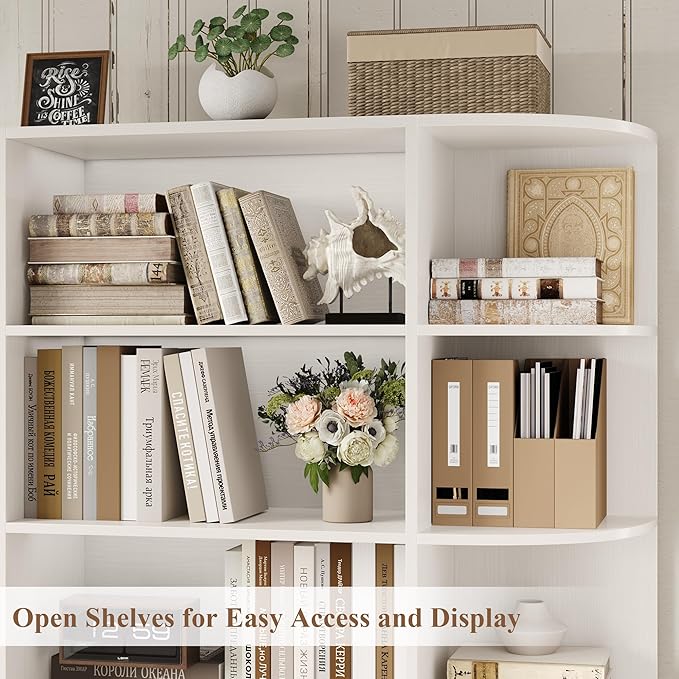 HOSTACK 75" Tall Book Shelf and Bookcase, 6 Tier Bookshelf with Storage, 47" Wide Bookcase with Doors, Freestanding Wood Display Shelves with Book Storage Cabinet for Home Office, Living Room, White