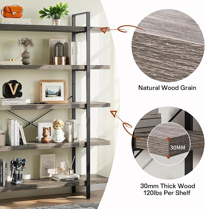 Bookcase, 47 Inch Wide Wood Bookshelf, 120lbs Shelf Capacity Estante, Rustic Open Shelving Industrial Display with Reinforced Horizontal Shelves for Living Room Bedroom Office (5 Tier - Grey)