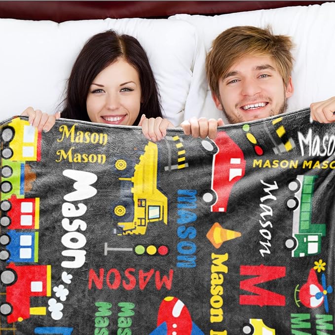 Custom Blanket with Name for Boys, Personalized Name Blanket City Transport, Soft Flannel Blankets Customized Gift for Children Day Birthday Christmas-40 x50