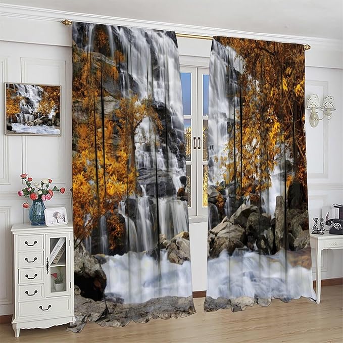 Autumn Tree Leaf Blackout Curtains, Landscape Nature Forest Lake Waterfall Rod Pocket Window Drapes, for Bedroom Living Room 42" W X 63" L