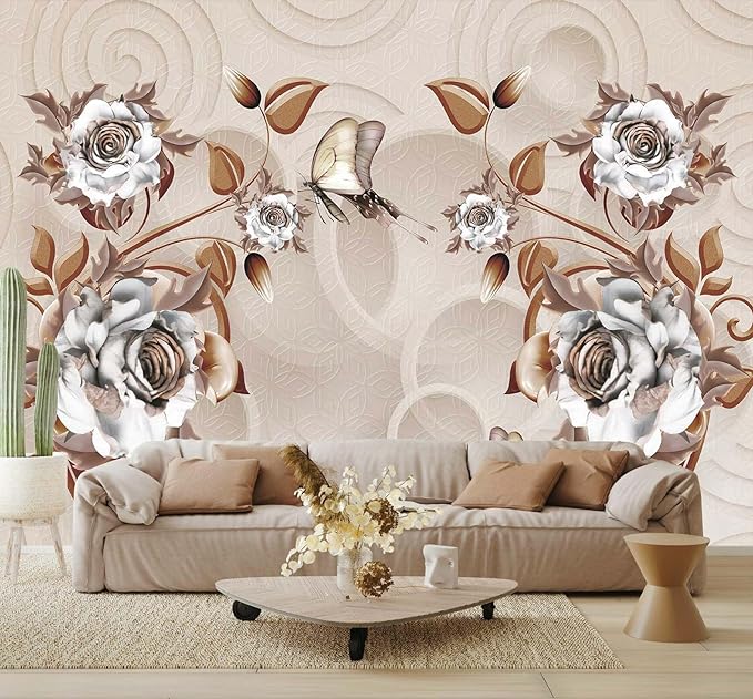 3D Floral Wallpaper Butterfly Rose Mural for Living Room Bedroom Tv Background (Not Self-Adhesive)