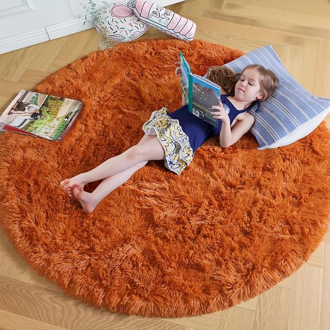 Amdrebio Burnt Orange Small Round Circle Rug 3Ft for Bedroom Living Room Aesthetic, Fluffy Fuzzy Furry Shaggy Area Rugs for Kids Room Decor, Plush Shag Dark Orange Carpet for Nursery Dorm Classroom