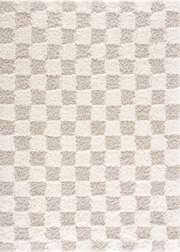 BoutiqueRugs Atira Modern Checkered Shag Area Rug - High Pile Fluffy Shaggy Carpet for Kids Room, Living Room, Bedroom - Beige, Cream, White - 7'10" X 10'3" (8x10)