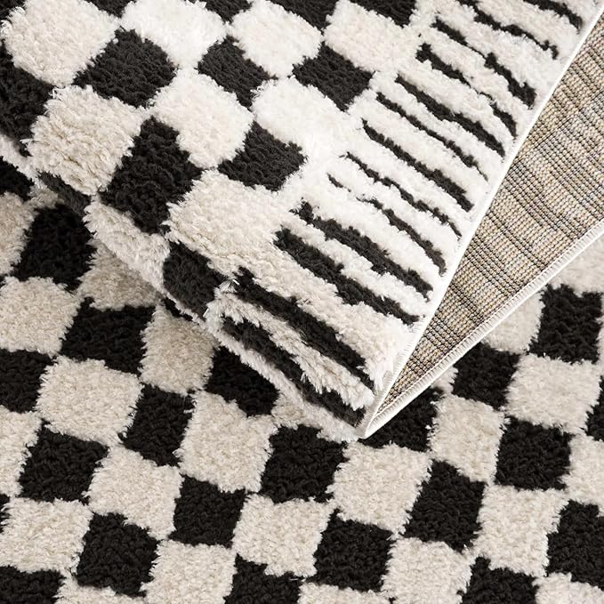 Hauteloom Leryn Contemporary Checkered Area Rug - Modern Geometric Bordered Carpet for Living Room, Bedroom - Checkboard Design - Square Tiles - High Pile - Black and White - 7'10" x 10' (8x10)