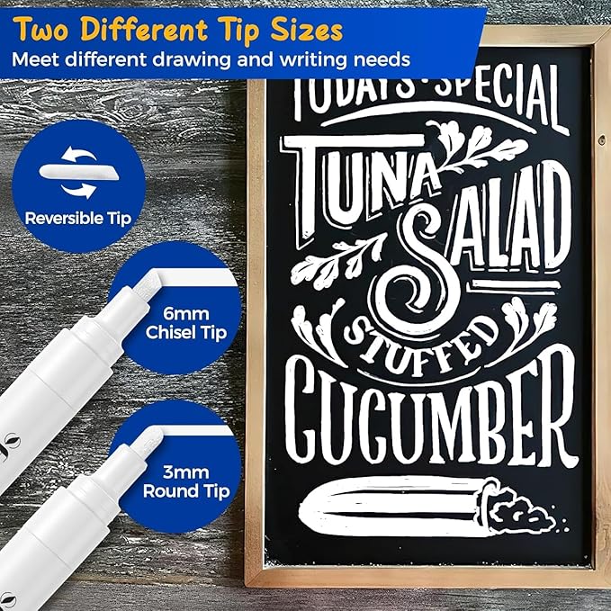 SFAIH Liquid Chalk Markers for Bhalkboard - White 8 Pack 6mm Reversible Tip, Wet Erase Chalk Marker for Chalkboard, Menu, Bistro, Signs, Windows, Glass, Labels, Dust-Free [1s Wet Wipe] - No Residue