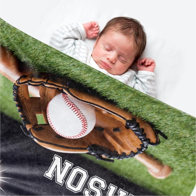 Baby Boys Personalized Baseball Blanket - Custom Name and Number - Soft Warm and Fluffy Flannel Fabric Gift for Sports Lovers 40x50inch