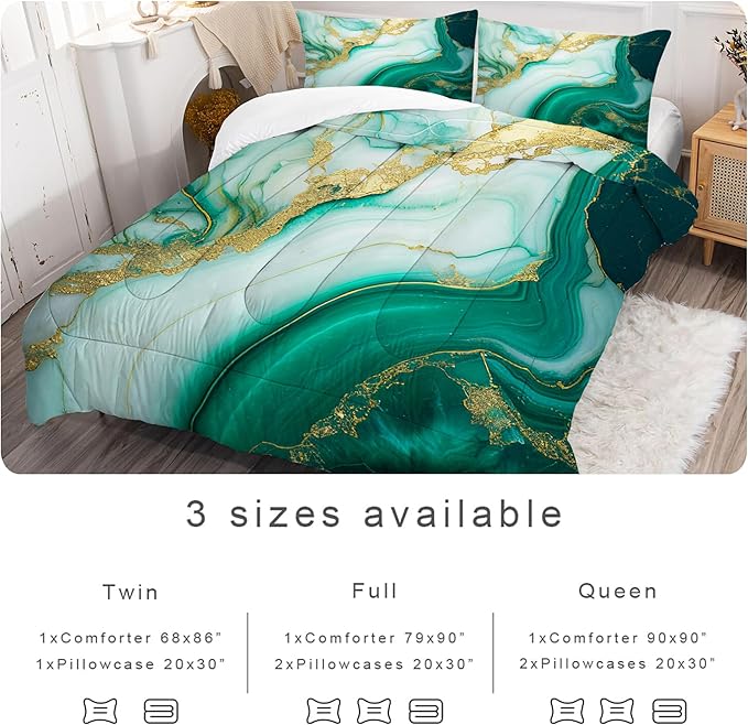 Comforter Set Green Marble: Full Size Emerald Green Gold Bedding Set for Teen Girls Kids Adults Abstract Turquoise Watercolor Marbling Quilt Bed Sets 1 Comforter & 2 Pillowcases