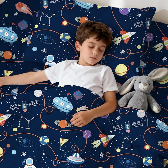 LONAVA Toddler Kids Comforter Set - 4 Pieces Toddler Bedding Sets for Boys Girls Children, Ultra Soft Microfiber Bed in A Bag with Flat Fitted Sheets, Space
