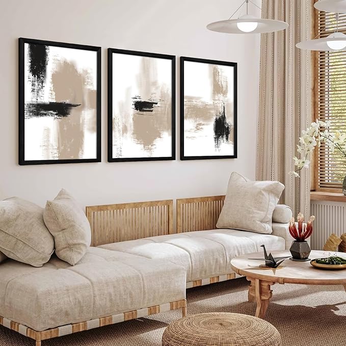 Beige Abstract Wall Art Painting Set of 3 Neutral Canvas Wall Art Prints Black Beige Modern Wall Decor Minimalist Art Pictures Abstract Modern Artwork for Room Bedroom 12x16 Inch Wood Framed
