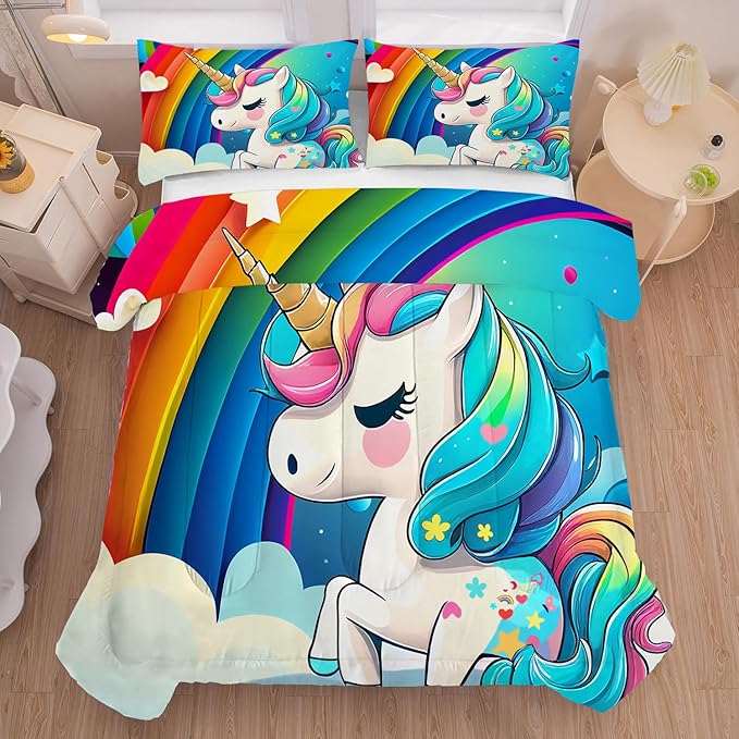 Unicorn Comforter Full Size Rainbow Bedding Set for Girls Kids Children Boys Teens Cartoon Unicorn Light Blue Quilt 1 Comforter + 2 Pillowcases