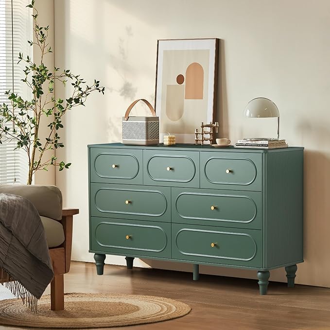 Fluted 7 Drawer Dresser for Bedroom, Modern Mid Century Chest of Drawers, Wood Storage Large Dresser Organizer for Bedroom Living Room Closet Hallway, Green