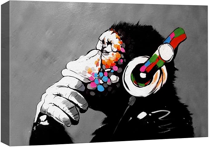 SIGNWIN Framed Canvas Wall Art Banksy Thinking Monkey with Headphones Graffiti & Street Art Famous People Pop Art Modern Urban Multicolor for Living Room, Bedroom, Office - 24x36 inches