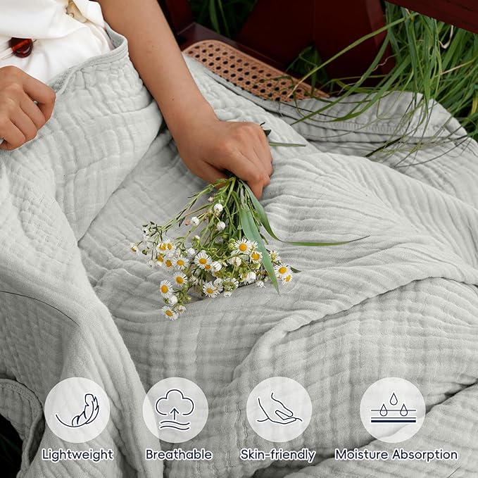 PHF Cooling Muslin Blanket Queen Size 90"x80", 6-Layer Lightweight Gauze Blanket Made from 35% Rayon Derived from Bamboo & 65% Cotton, Breathable & Ultra Soft Cozy, Aesthetic Home Decor, Harbor Mist