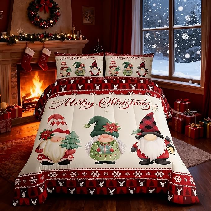 Merry Christmas Kids Comforter Set Queen Size,Deer Antler Santa Claus Bedding,Girls Boys Adults Bedroom/Xmas Cabin Decor,Snowflake Pine Trees Plaid Down Comforter,Rustic Duvet Insert,2 Pillowcases