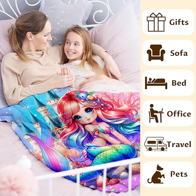 Girls Blanket, Mermaid Throw Gift for Kids Adults Mermaid Lovers Daughter 60x80 Inches Soft Warm Throw Blankets for Sofa Couch Bed Trip Cute Decor Stuff