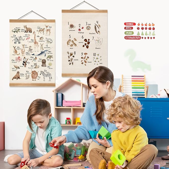 Alphabet Numbers Poster Set of 2, Children's Room Wall Art, Animal Numbers&ABC Banner Poster, Letter Banner Wall Hanging Decor for Toddler Room,Playroom,Nursery 12x16inch(Forest Animals 123&ABC)