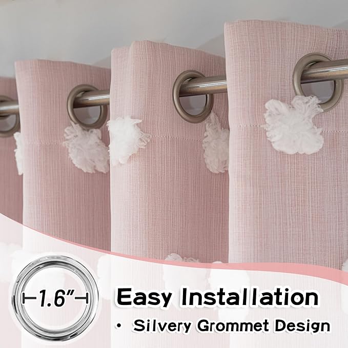 MYSKY HOME Pink Curtains for Bedroom 72 Inches Long Nursery Curtains Pom Pom White Sheer Curtains for Girls Room Double Layer for Toddler Bedroom Grommet Room Darkening Window Panels 52 x 72 Inch