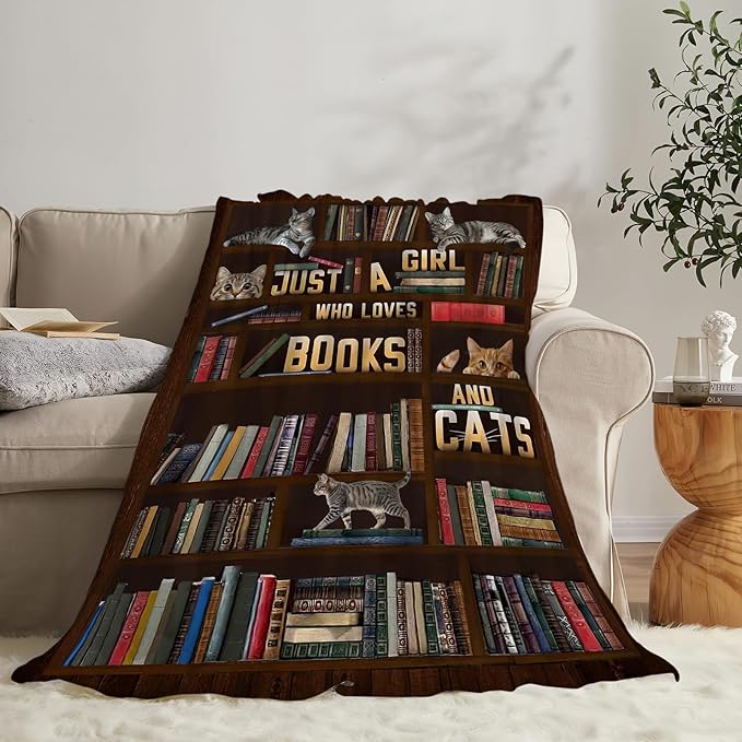 Cute Cat Themed Blanket Just a Girl Who Loves Books and Cats Throw Blankets for Kids Adults Lovers Warm Soft Plush Funny Animal Stuff Fleece Flannel Throws Reading Gifts for Girls Women 50"x40"