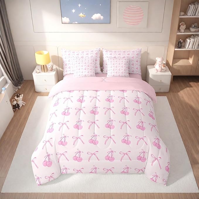 7 Pieces Cartoon Bowknot Kids Comforter Set Queen,Pink Bow Tie Butterfly Knot Princess Bedding Set,Cherry Bow Patchwork Romantic（Comforter+Fitted+Flat Sheet+2 Pillowcases+2 Throw Pillow Covers）