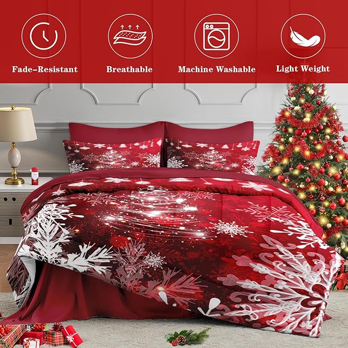 7 Pcs Full Size Christmas Comforter Set with 2 Pillowcases & 2 Shams, Red Glitter Xmas Tree Bedding for Kids and Adults, White Elegant Snowflake Bed in a Bag with Flat Fitted Sheet